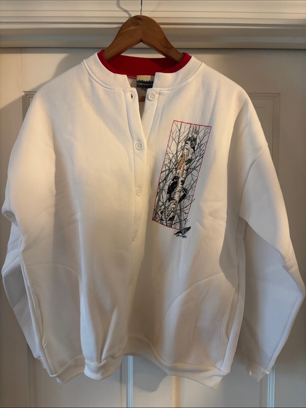 Coldwater Creek White Crewneck Sweater with Bird Panel and Red Trim